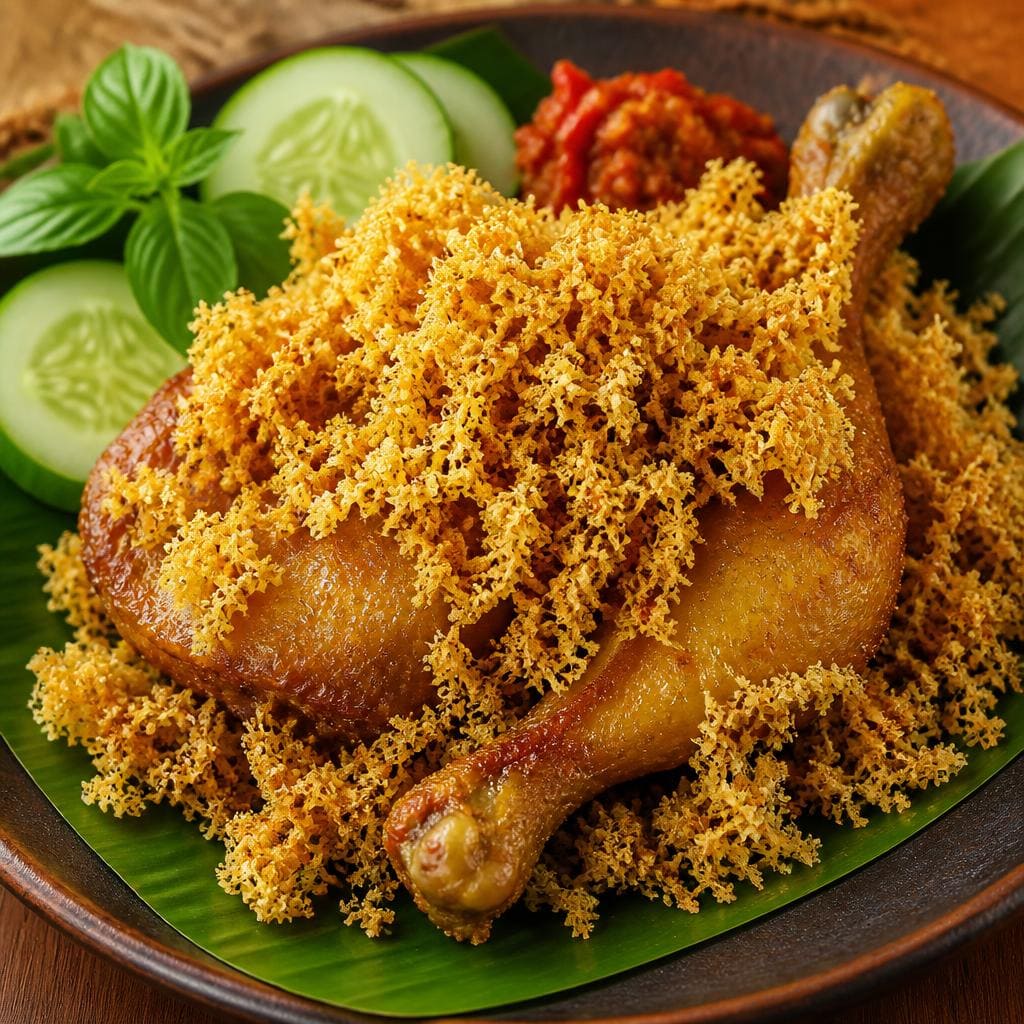 Ayam Kremez Warkop 88 dengan nasi dan kremesan gurih